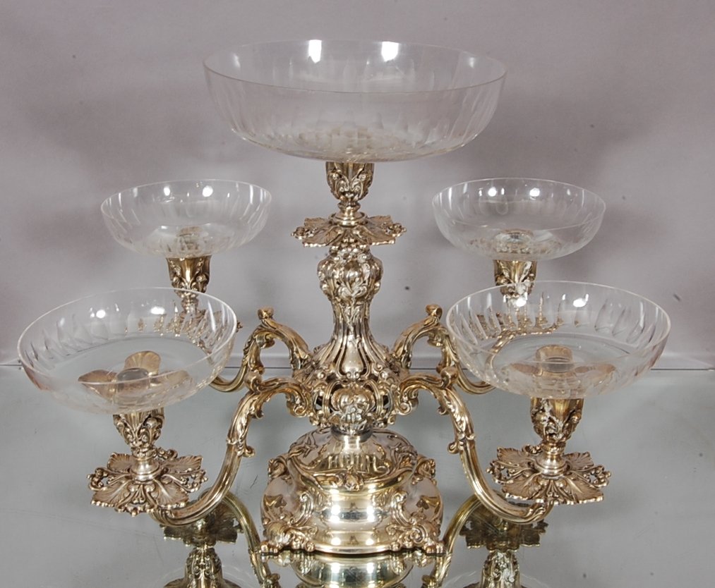 Reed & Barton Epergne: with 5 crystal inserts. Ca. 1920 15" t x 16" w