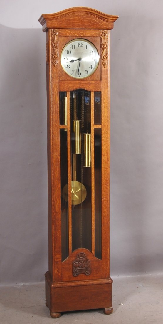 247 German Gustav Becker Oak Grandfather Clock