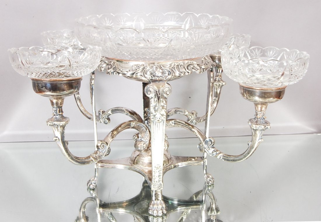 French Louis XIV style Epergne: Cut glass inserts & center bowl on footed silver plate stand