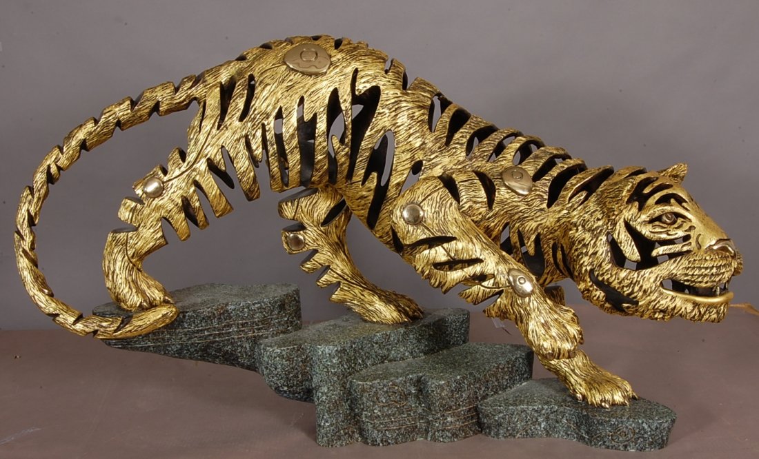 Jiang Tie Feng Bronze Statues of Tiger: 26" t x 43" l x 13" d. Signed on base.
