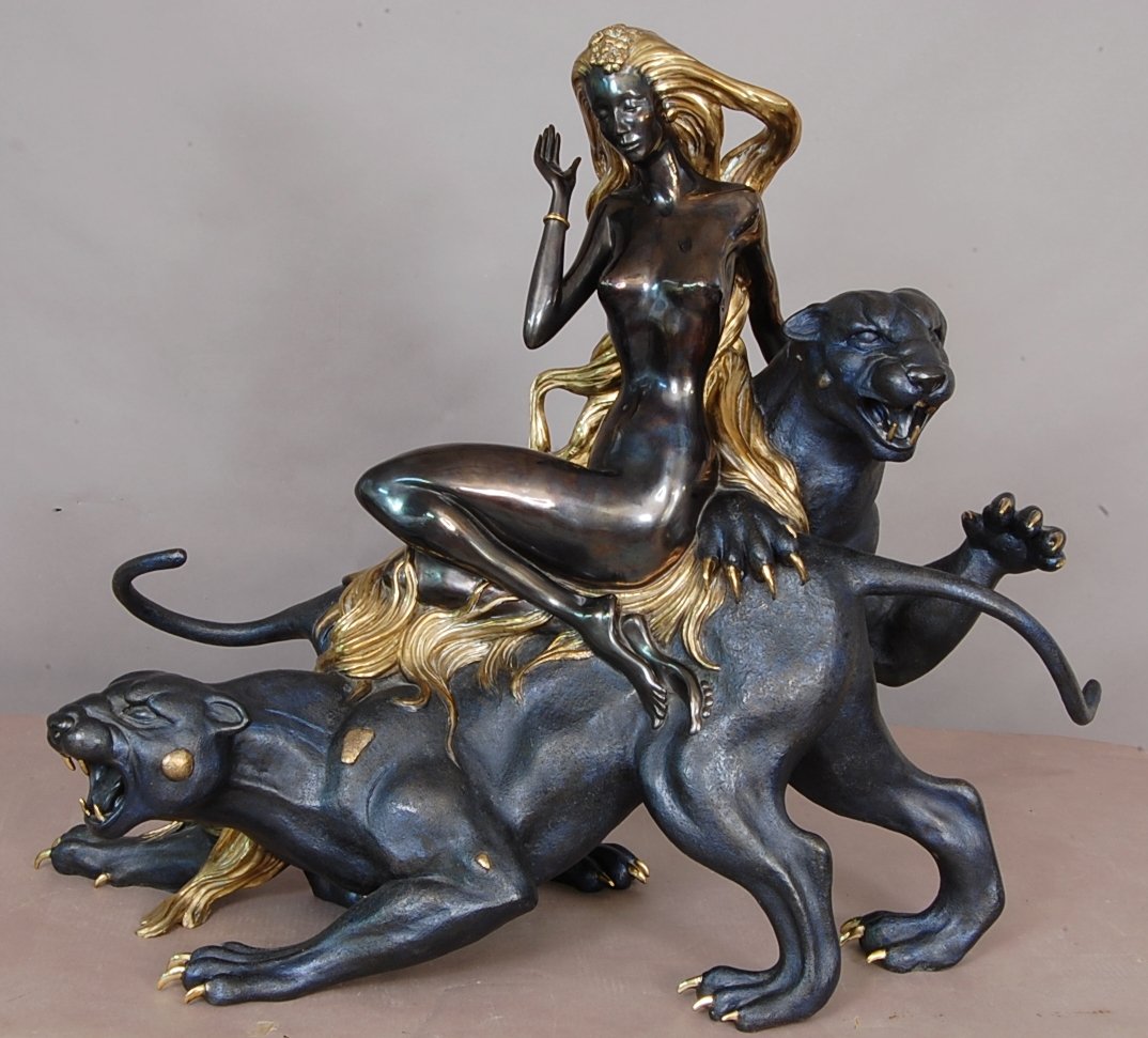 Jiang Tie Feng Bronze Statue: of Woman sitting on 2 Tigers. Signed on back. 32" t x 38" w x 17" d.