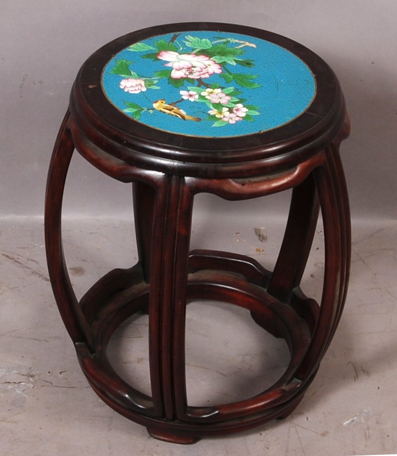 Oriental Style Cloisonné & Rosewood Side Table: 18" t x 15" d. Ca. 1920