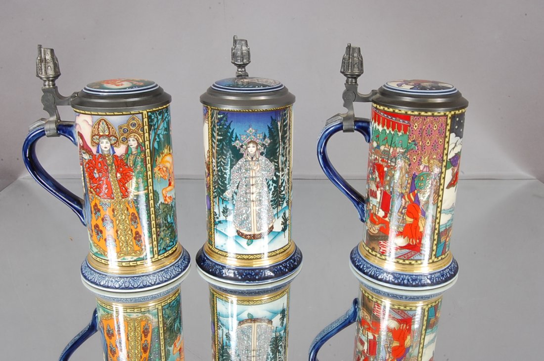 3 Mettlach Steins Russian Fairy Tales: Hand Painted, Vassilissa & Her Step Sisters, Snegurochka, , Maria Moreunma & Tsarevich 8 1/2" t Signed Mettlach, Villory & Boch CA. 1970