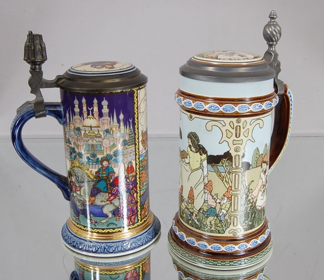 2 Mettlach Steins Russian Hand Painted: Russian Fairy Tales 8 1/2" t, Snow White & Seven Dwarves 9"t. Signed Mettlach Villory & Boch. Ca . 1970