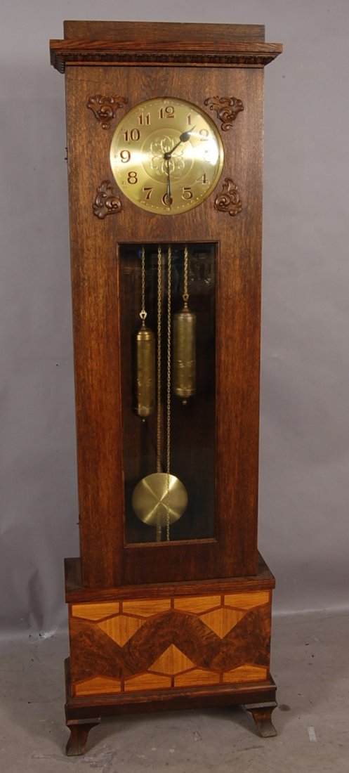 German 2 Weight Oak Grandfather Clock: Brass dial, time & gong strike. 79" t x 25" w x 10" d. Ca. 1910