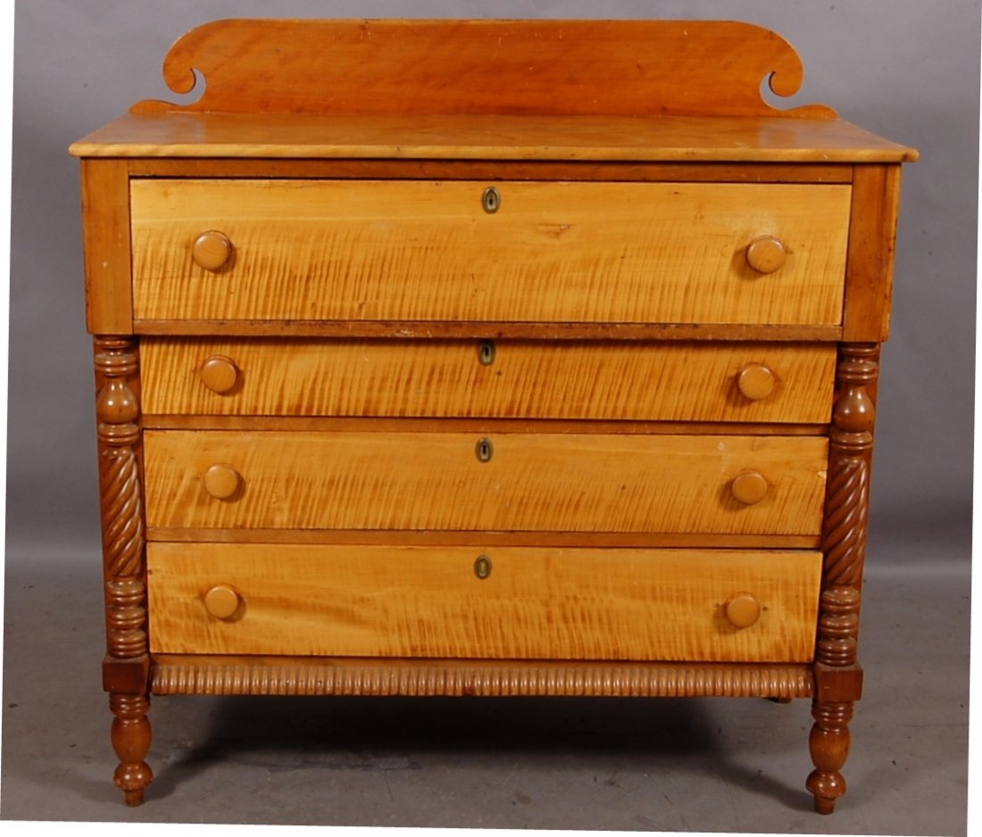 Early Sheraton style 4 drawer cherry wood & Tiger : 57" t x 20" d x 47" w. Ca. 1850