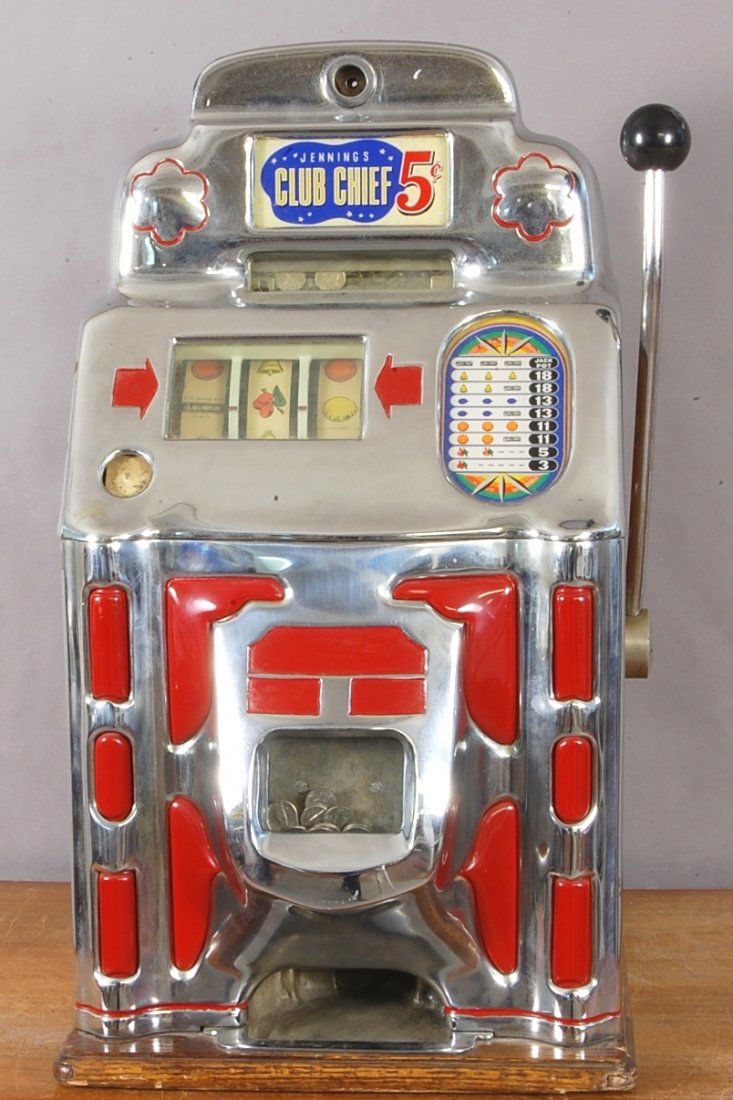 Jennings Club Chief 5 Cent Slot Machine: 27" t x 16" w x 16" d. Ca. 1920