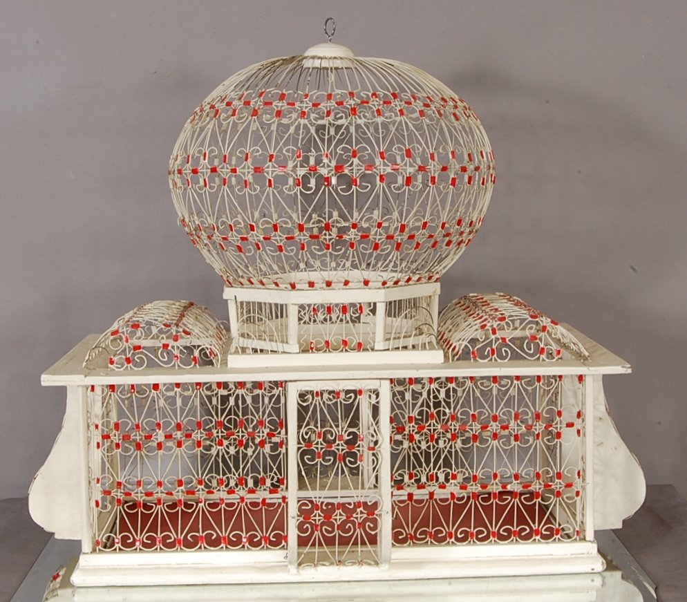 Oriental style bird cage: Wood & wired frame. 27" t x 19" d x 32" w. Ca. 1920