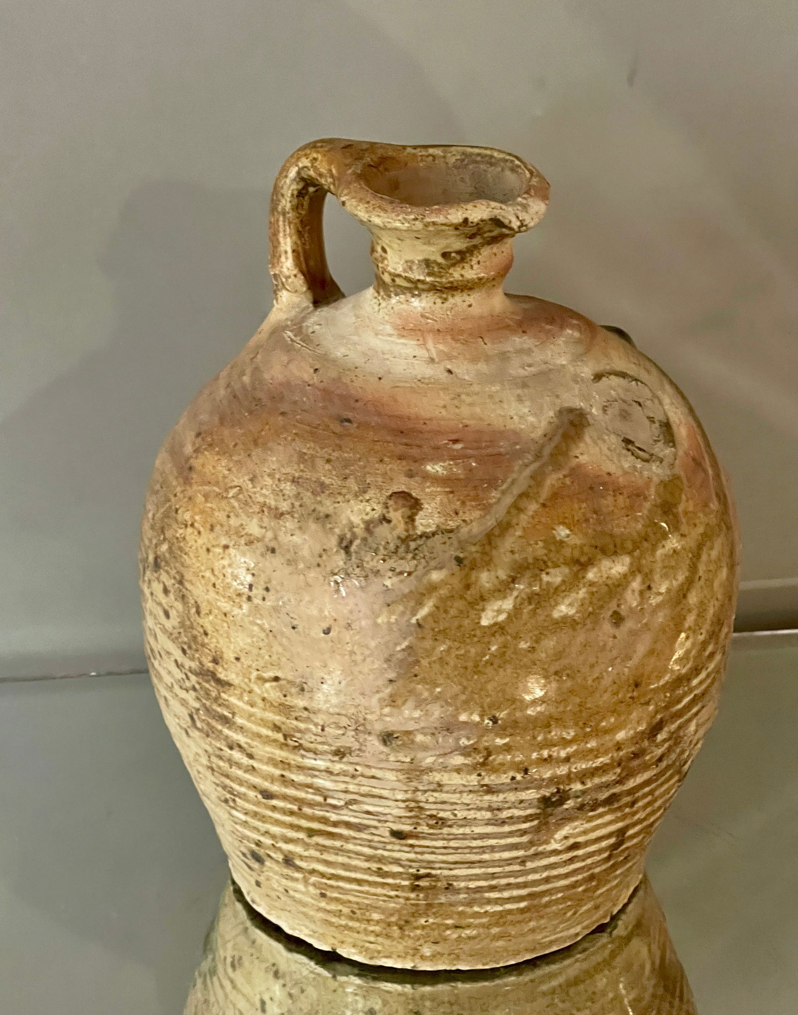 Ribbed French Stoneware Amphora Style Jug: wear consistant with age and use.ca 1900 Size: 8.5"t x 6.5"w