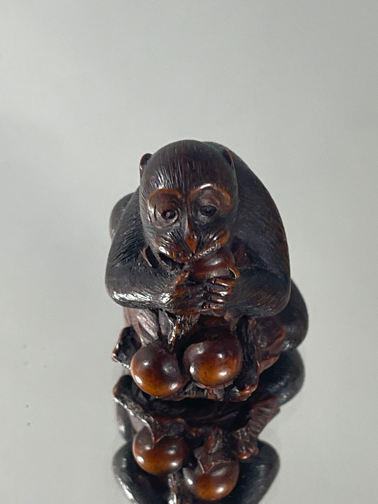 Masanao: A Fine Wood Netsuke of a Monkey Eating Persimmons (1 of 6)