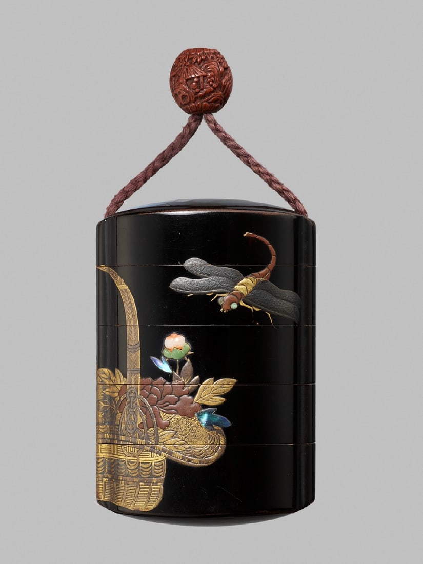 A Fine Four-Case Roiro Lacquer Inro with Dragonfly and Spring Flower Basket (1 of 3)