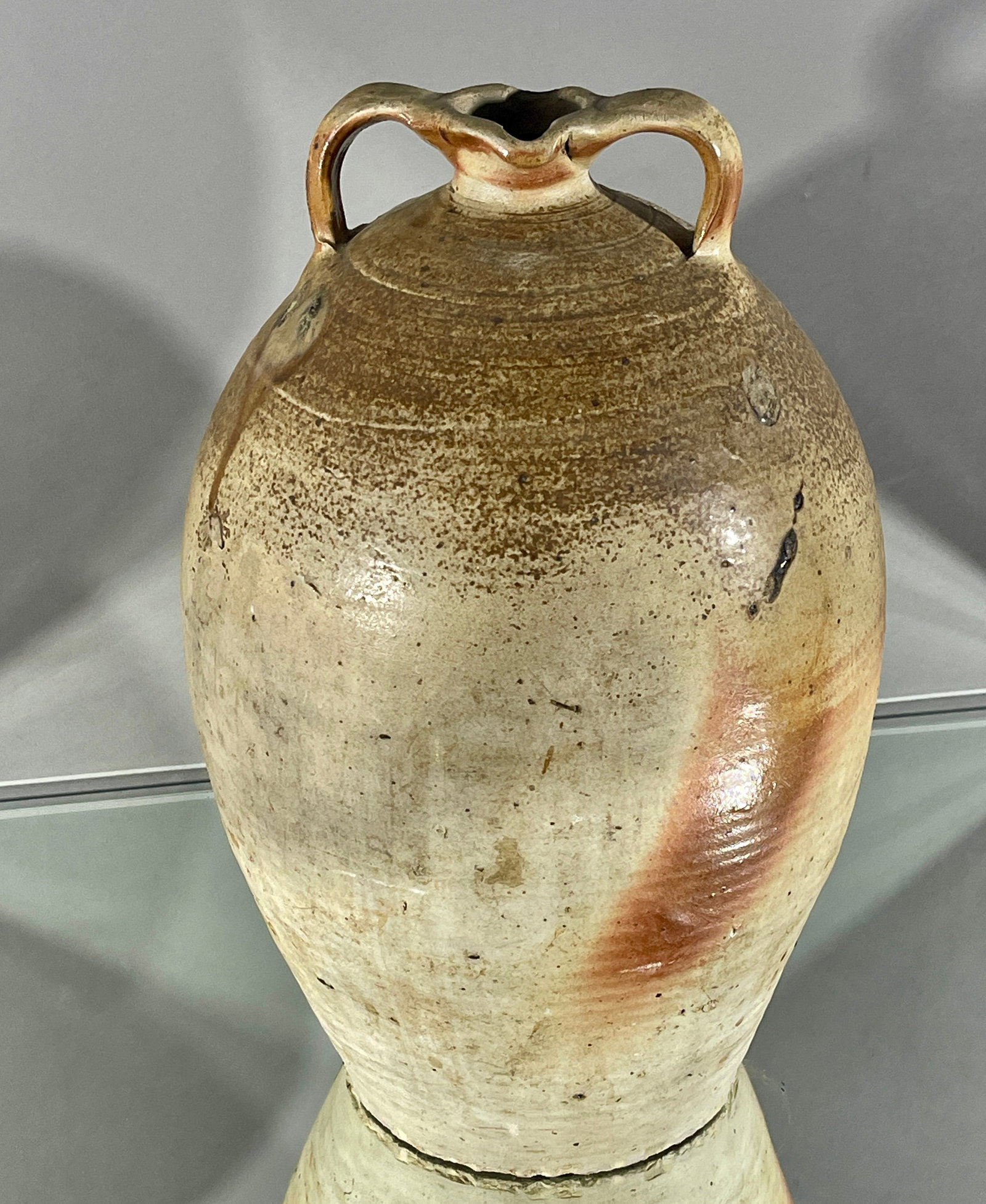 20th Century French Stoneware Double Handle Spouted Olive Oil Jug: ca. 20th century. Size: 16"t x 11"w.