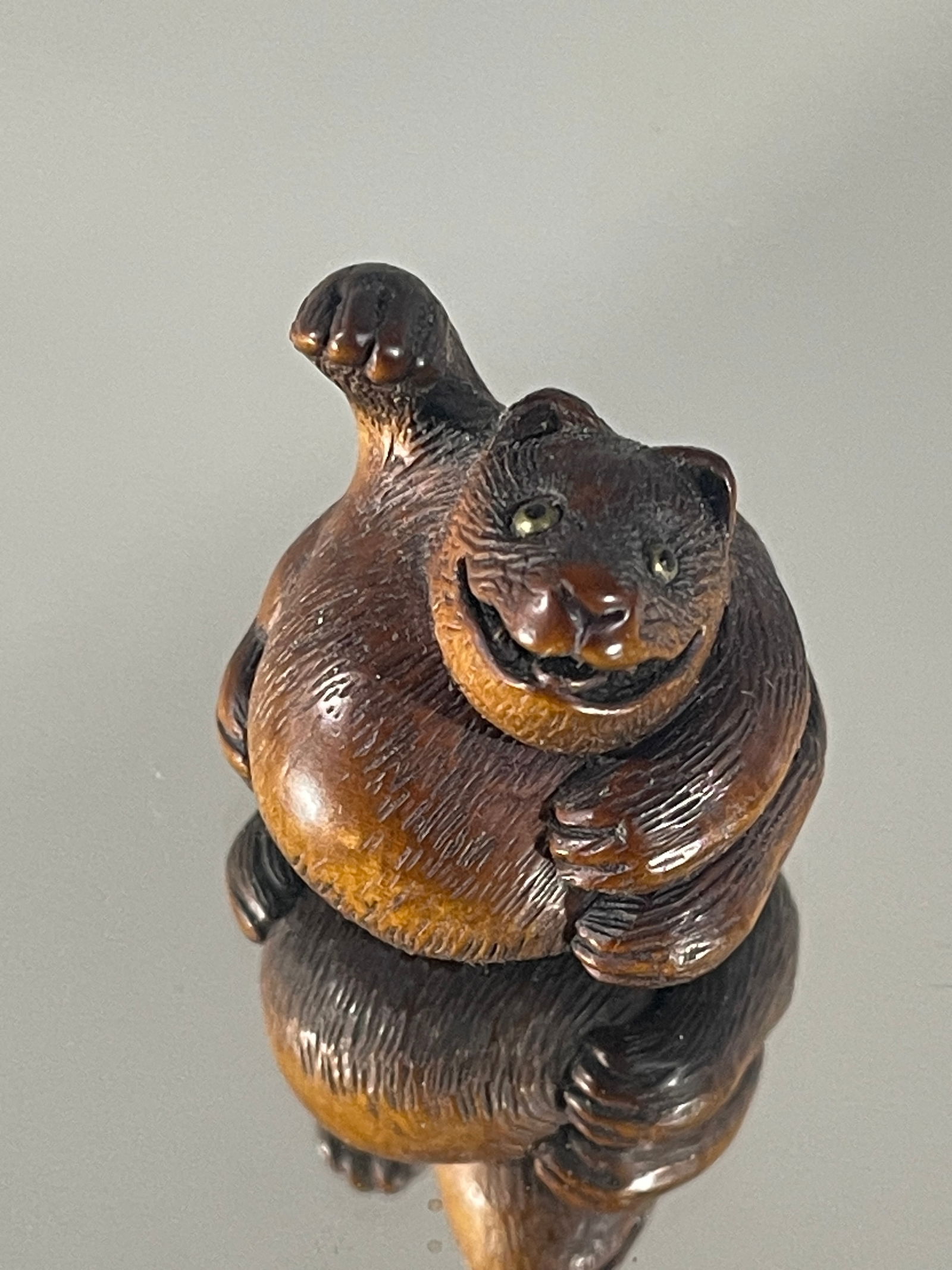 A Wood Netsuke of a Tanuki No Hara Tsuzumi, After Minko: Finely carved as a tanuki no hara tsuzumi (belly drumming raccoon dog), the fur finely incised its right foreleg beating its distended stomach. The face with a jovial expression, baring sharp fangs, u