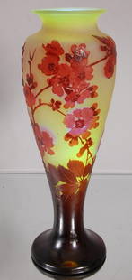 Emile Galle´ 16" Cameo French Art Glass Vase: Floral Design 16" t x 6" d.