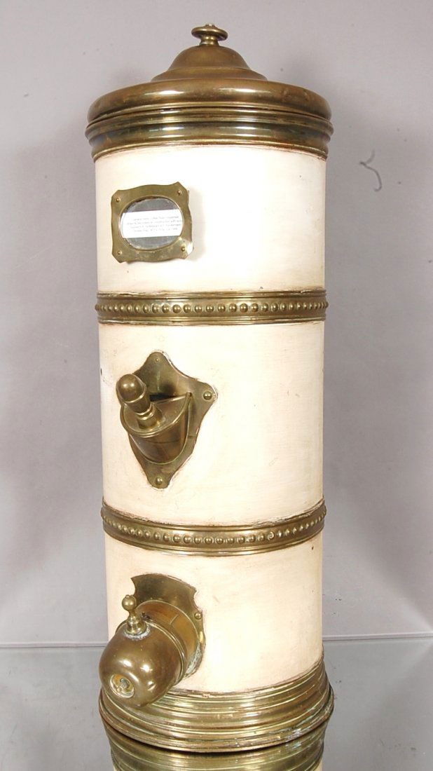 General Store Coffee Bean Dispenser: Brass & Decorated Tin construction with scoop. Signed K.K. Hoflefurant A.D. Kindermann. Amber Progue Ca. 1900. 36" t x 16" w.