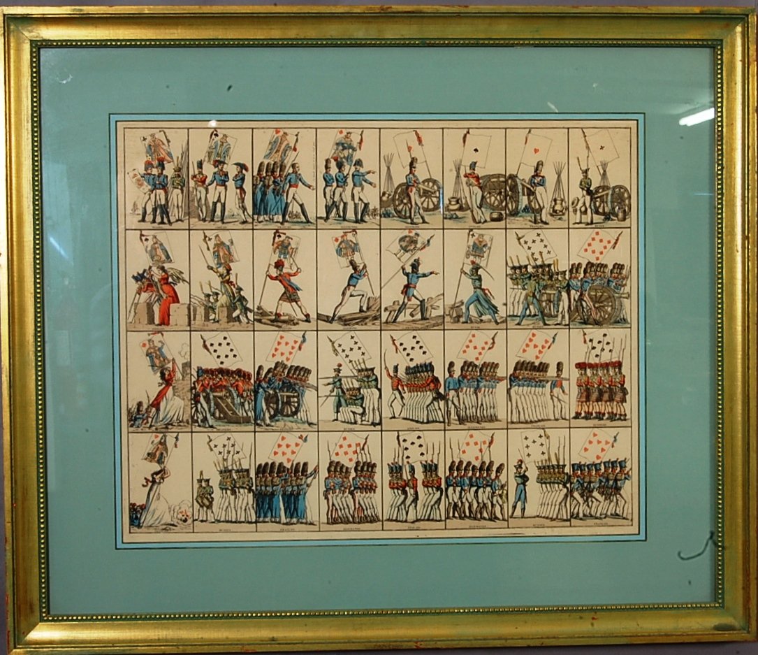 Engravure Military Playing Cards: Hand colored. 30" x 26" framed. Ca. 1850