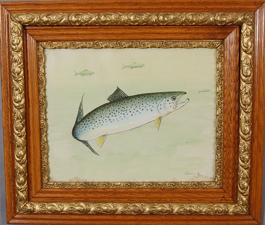 Trout Water Color by Greene: in Oak Frame. 30" x 26" Signed Lower Right