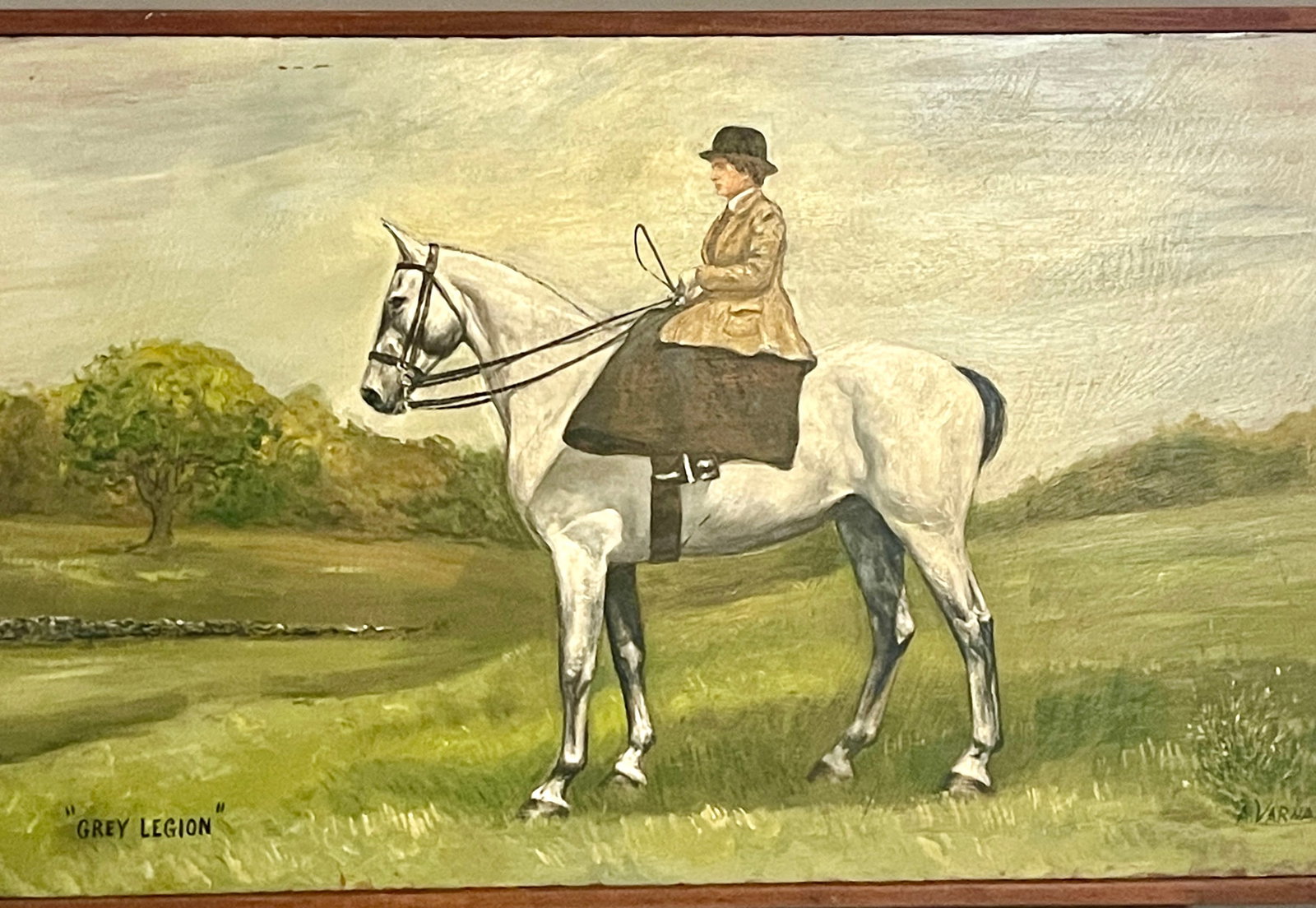 "Grey Legion" Study of Horse and Rider: Oil on board, artist signed Avarnak, sight: 31" x 18", frame 32" x 19 1/2", circa 1950