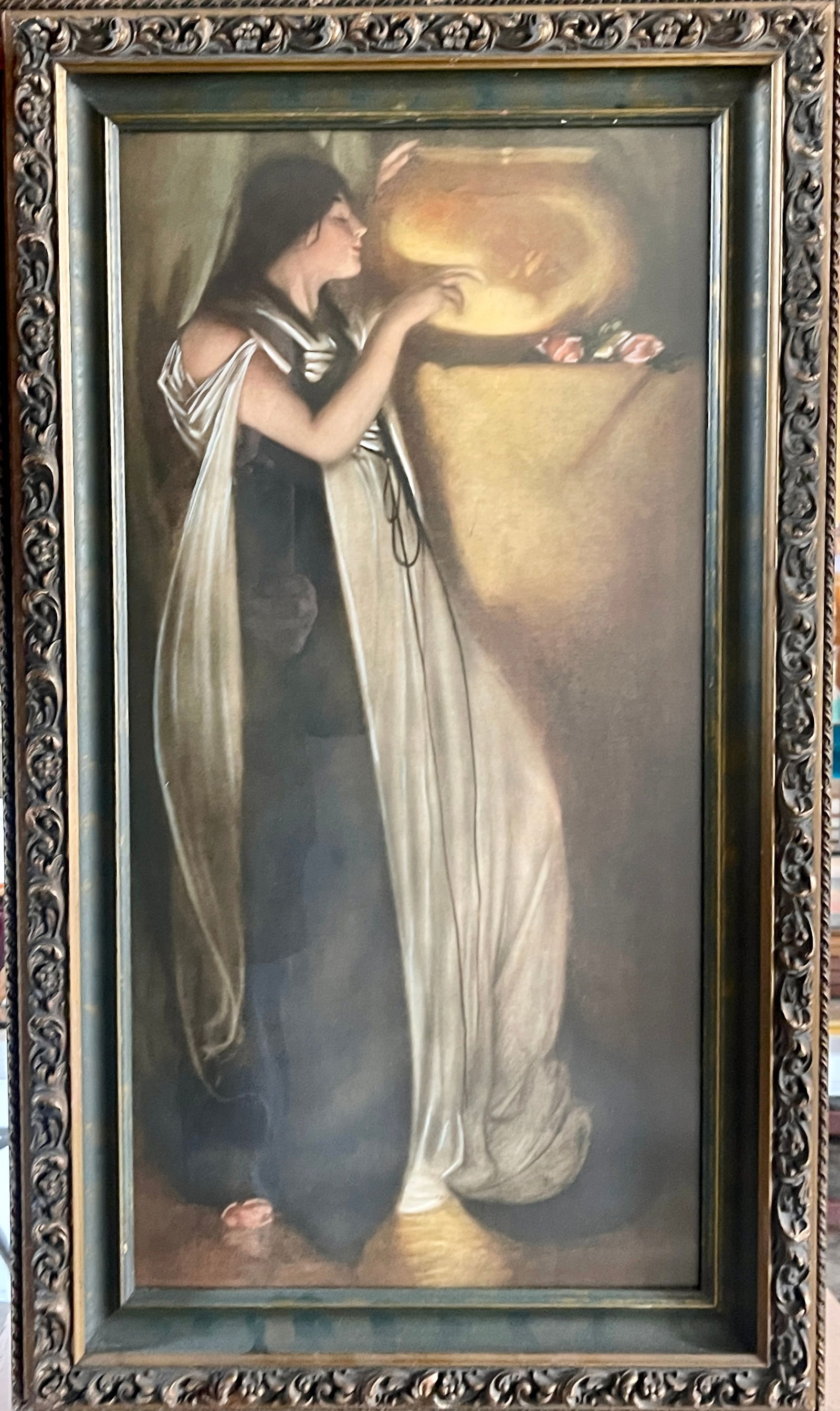 Isabella and the Pot of Basil: Original painting by John White Alexander, original lithograph and frame, 33 1/2"t x 19 1/2"w, circa 1920.