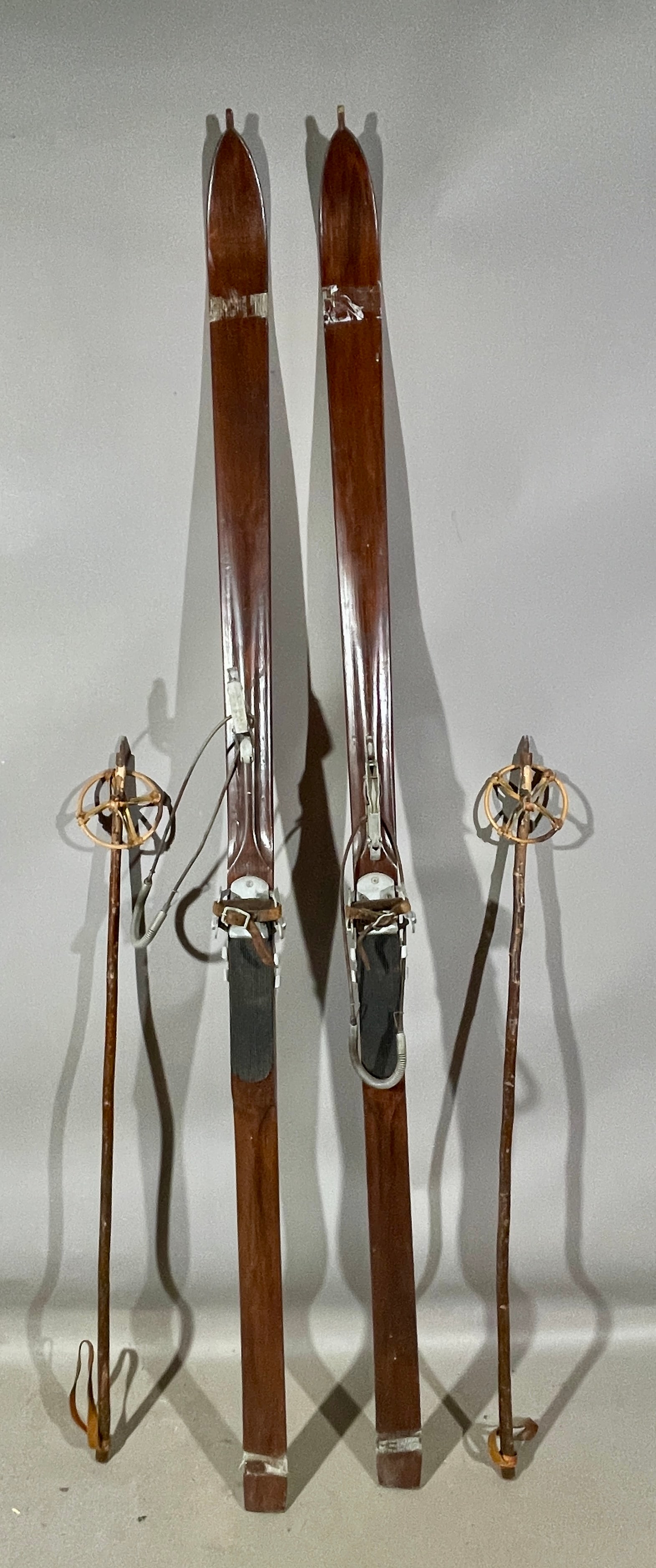 Pair of Antique German Wood Skis: Inselberg binding, with poles, 82"L, Germany, circa 1920.