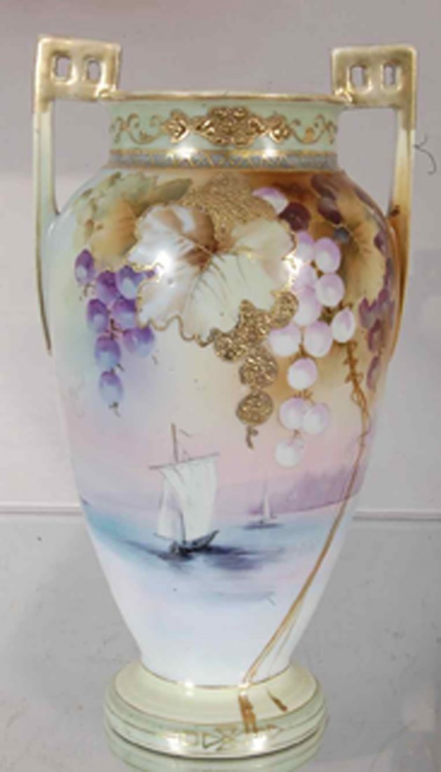 Scenic Nippon 2 handled Vase: Handpainted raised enameled with sailing ships. 12" t x 7" d Signed Nippon Ca. 1910