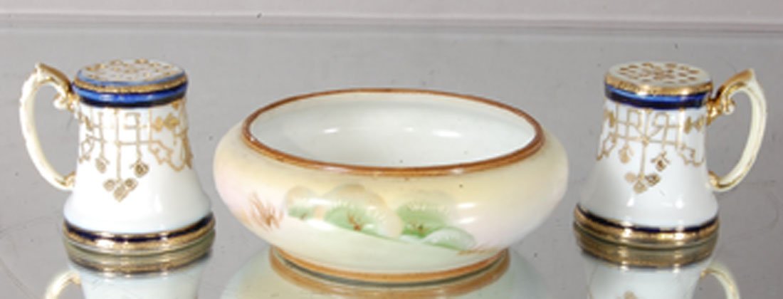 3 pieces of Nippon: Hand painted salt & peppers. Low bowl. Ca. 1910