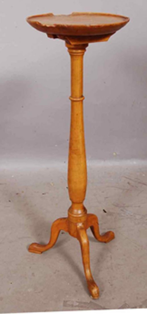 Early Chippendale style marble candle stand: with tilt top and 3 dovetail fitted legs. 256" t x 7 1/2" d. Ca. 1880