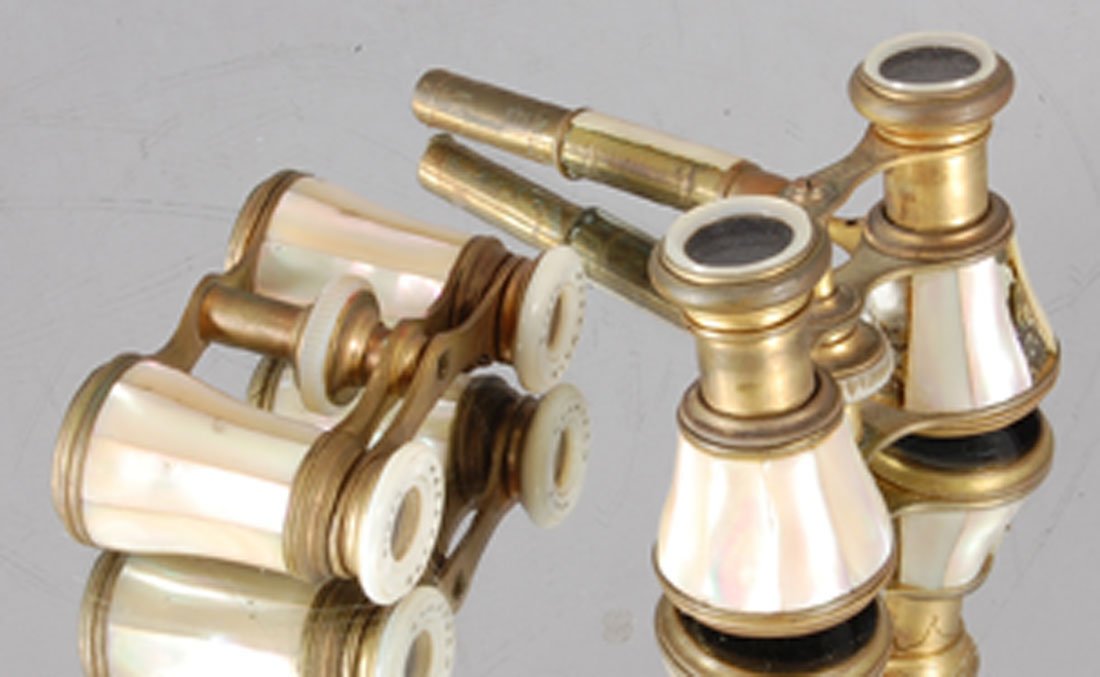 2 French opera glass: Brass & Mother of pearl Merchand Paris. Some losses.