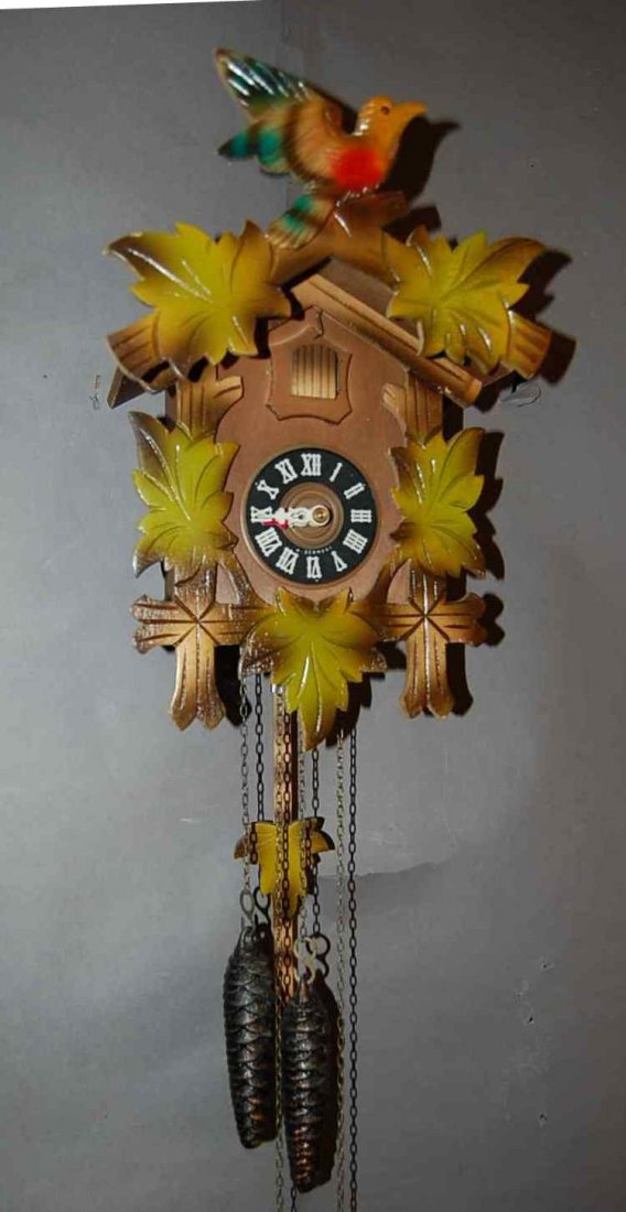 German Black Forest Style Coo Coo Clock: 2 weight movement. W. German. 22" l x 10" w. Ca. 1960