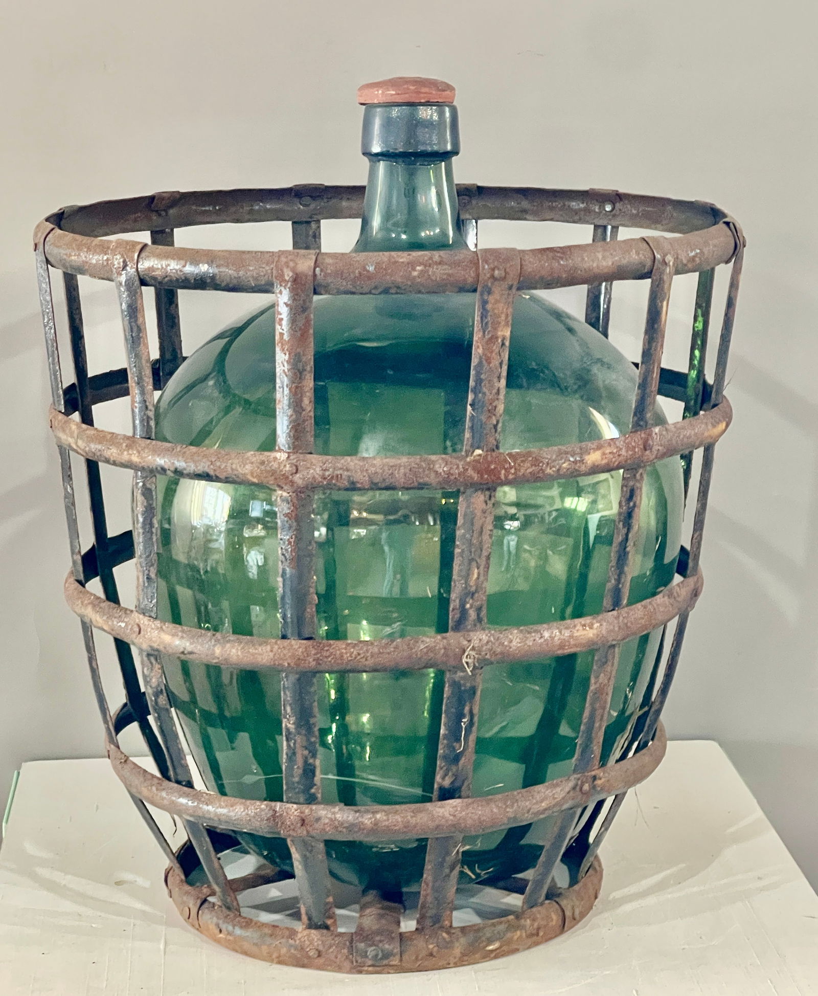 French Green Glass Demijohn w/ Metal Basket (1 of 1)
