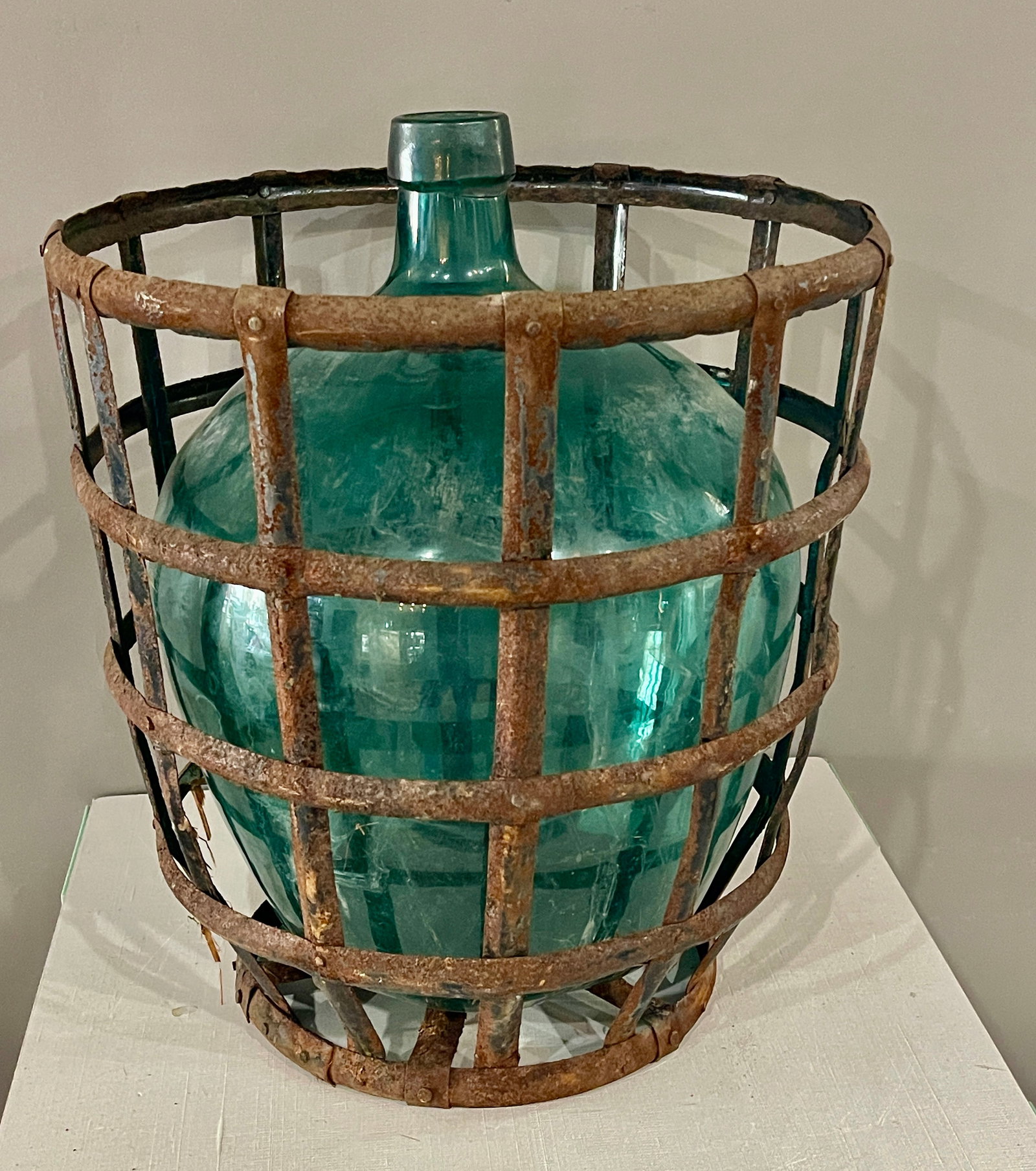 French Green Glass Demijohn w/ Metal Basket (1 of 1)