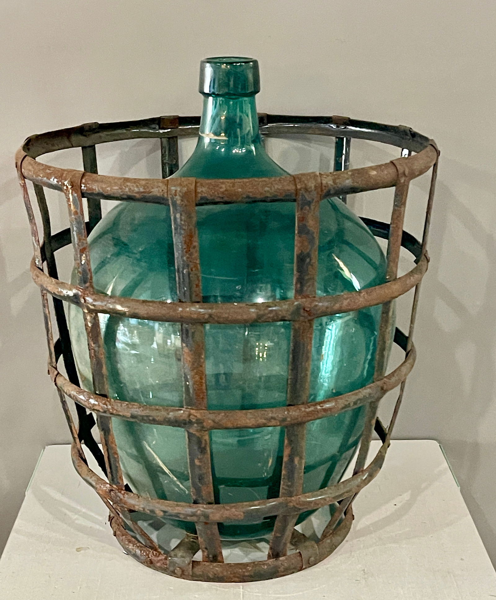 French Green Glass Demijohn w/ Metal Basket (1 of 1)