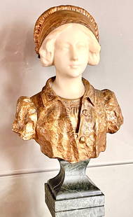 French-Italian Art Nouveau Bust: Bronze and marble construction, Affortunato Gory, 22"t x 7"d x