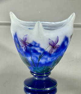 Daum Nancy Enameled Cameo Cut Art Glass Vase: "Violet" 4 3/4"t x 4 1/2"w, signed Daum Nancy with the cross, circa 1910.