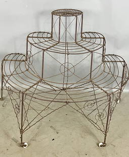 French Demilune 3-Tier Wire & Iron Plant Stand: 35"t x 24"d x 43"w, France, circa 1900.
