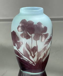 Émile Gallé Art Nouveau Cameo Cut Orchid Vase: 5"t x 3"w, signed Gallé, France, circa 1900.