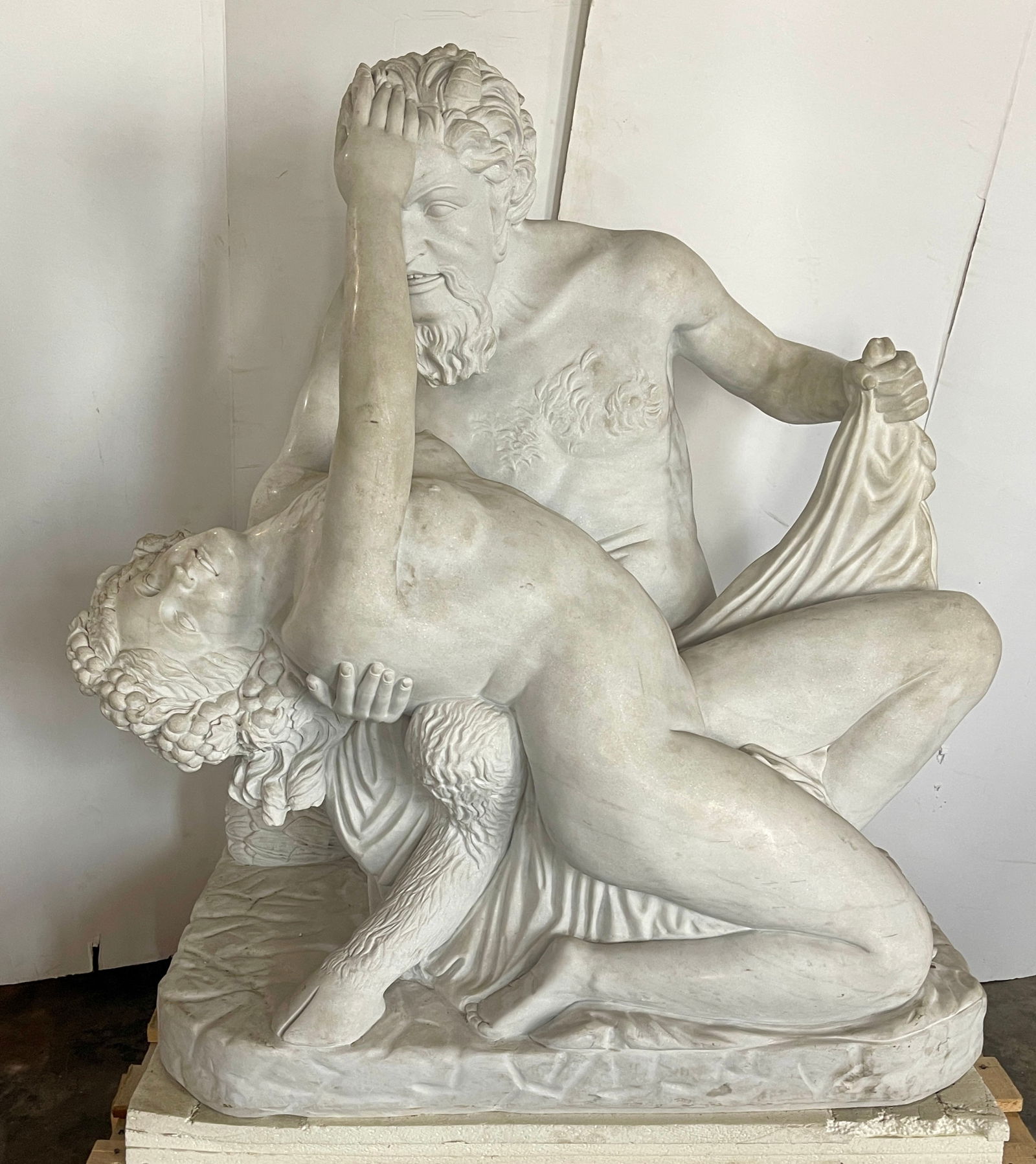 Satyr and Bacchante Marble Statue: Life size Bacchante, classic erotic art, mid-century replica of a James Pradier sculpture (1790-1852) french sculpture, 46"t x 28"d x 46"w, circa 1980.
