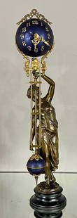 Ansonia "Arcadia Ball Swing" 8 Day Novelty Clock: Spring driven, brass movement, bronze patina spelter case, Diana the Huntress, bast bronze ornament at the top of the bell, complete and running order, 25"t x 5"d x 5"w, USA, circa 1900.