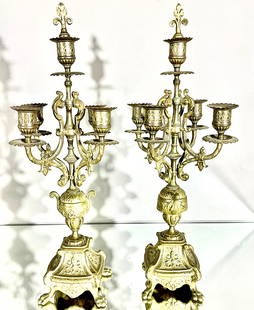 Pair of French Louis XVI Gilt Bronze Candelabras: Five arms with Fleur-de-lis on top, 19"t x 6 1/2"w, France, circa 1880.