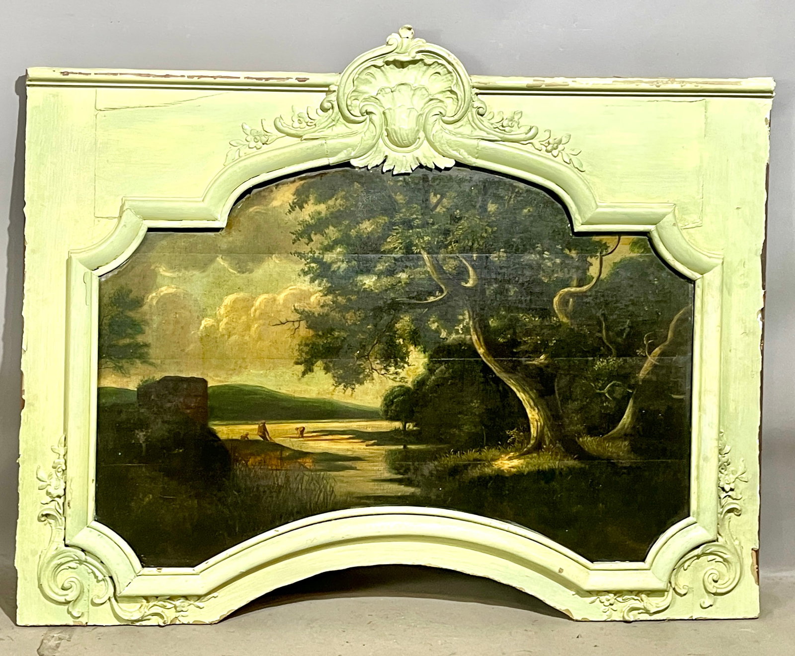 Large 18th Century French Louis XV Boiserie: Over the door paitings, landscape and lake in original blue-green paint, 42"t x 2"d x 52"w.