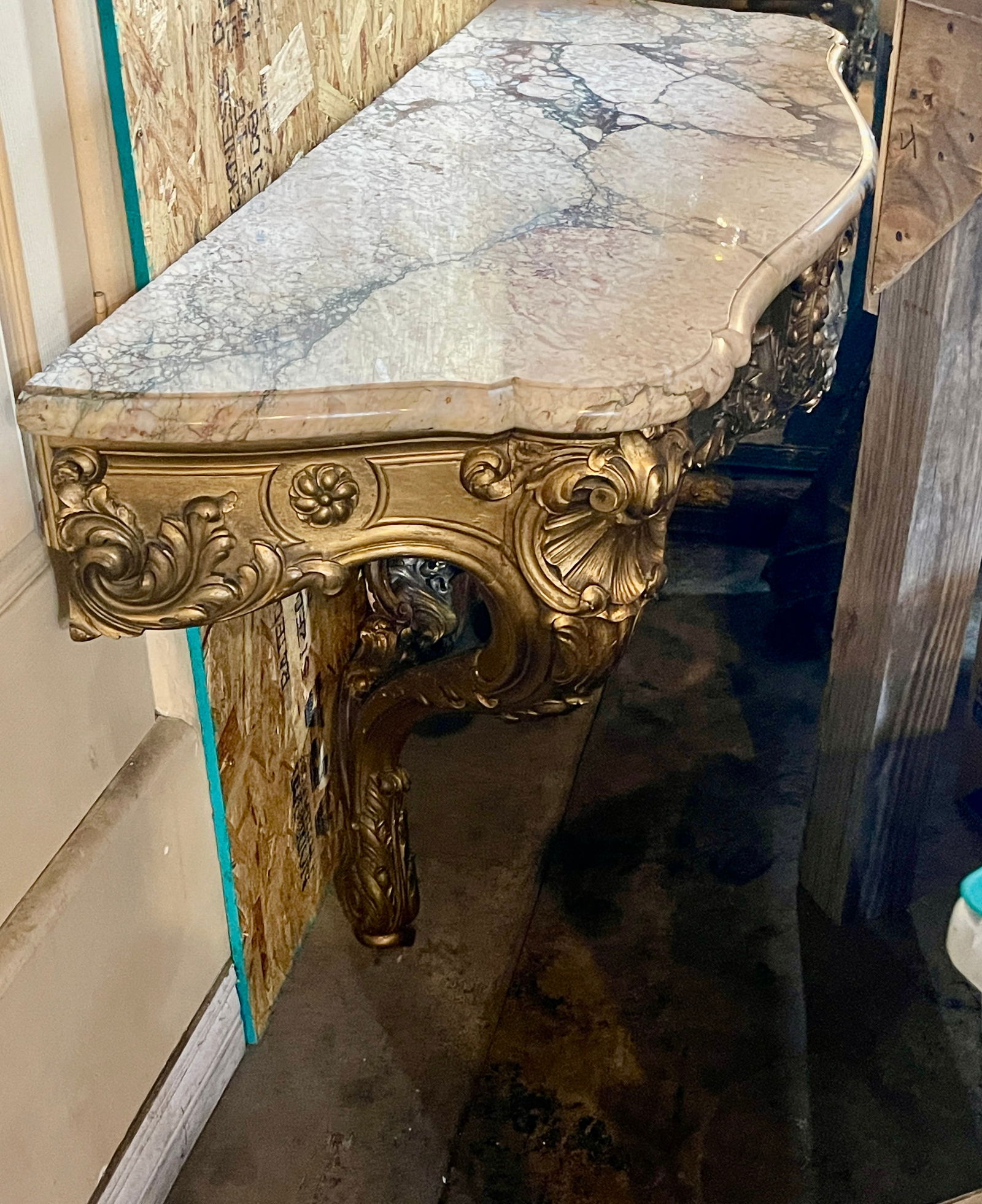 French LXV Gilt Wood Console Table w/Marble Top: 31"t x 20"d x 54"w, France, circa 1880.