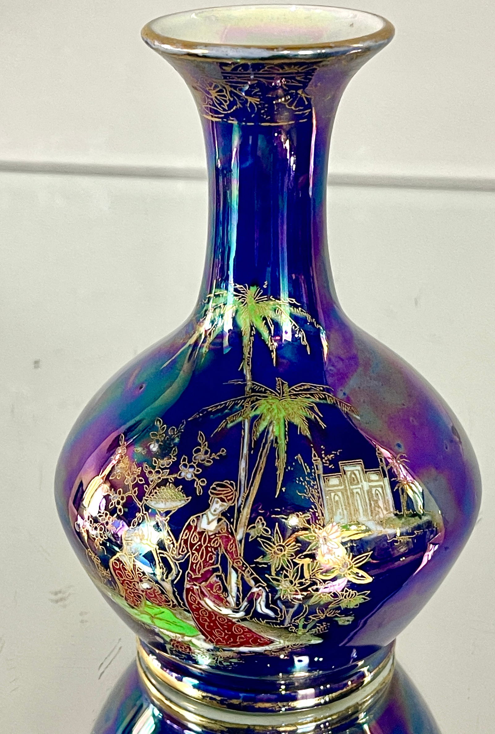 Carlton Ware Persian Patter Lustre Vase: Polychrome, courtyard scene on blue ground, signed on bootm Carlton Vase, 6 1/2"t x 4"w.