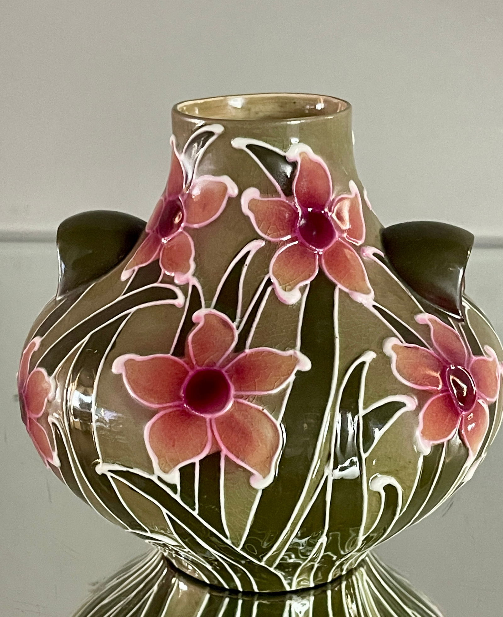 Wileman & Co Foley "Urbato" Pottery Vase: Two handles and tube lined flower and grass decoration, numbers 4014A, Good condition, 6" x 6", England.