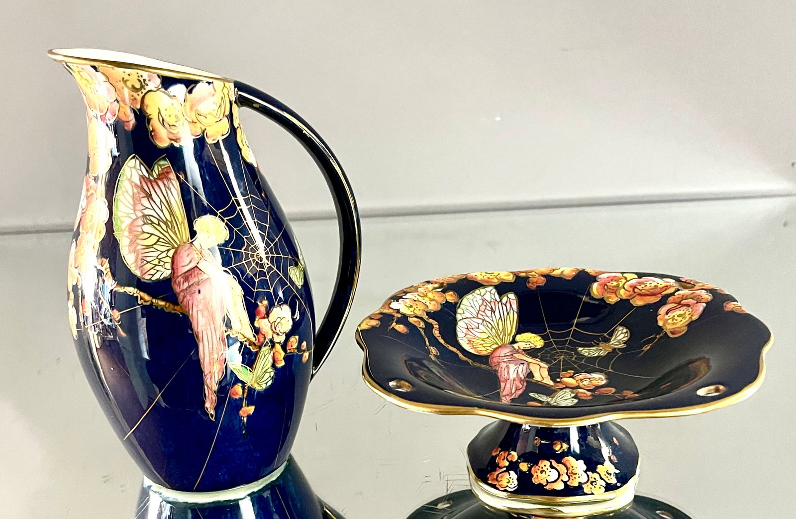 Two Grimwades Royal Wenton "Fairy Cobweb" Pieces: Pitcher and pedestal dish, Pitcher 6 3/4"t x 4 1/2"w, #2251 Dish 3"t x 6 1/2"d, #225, circa 1930.