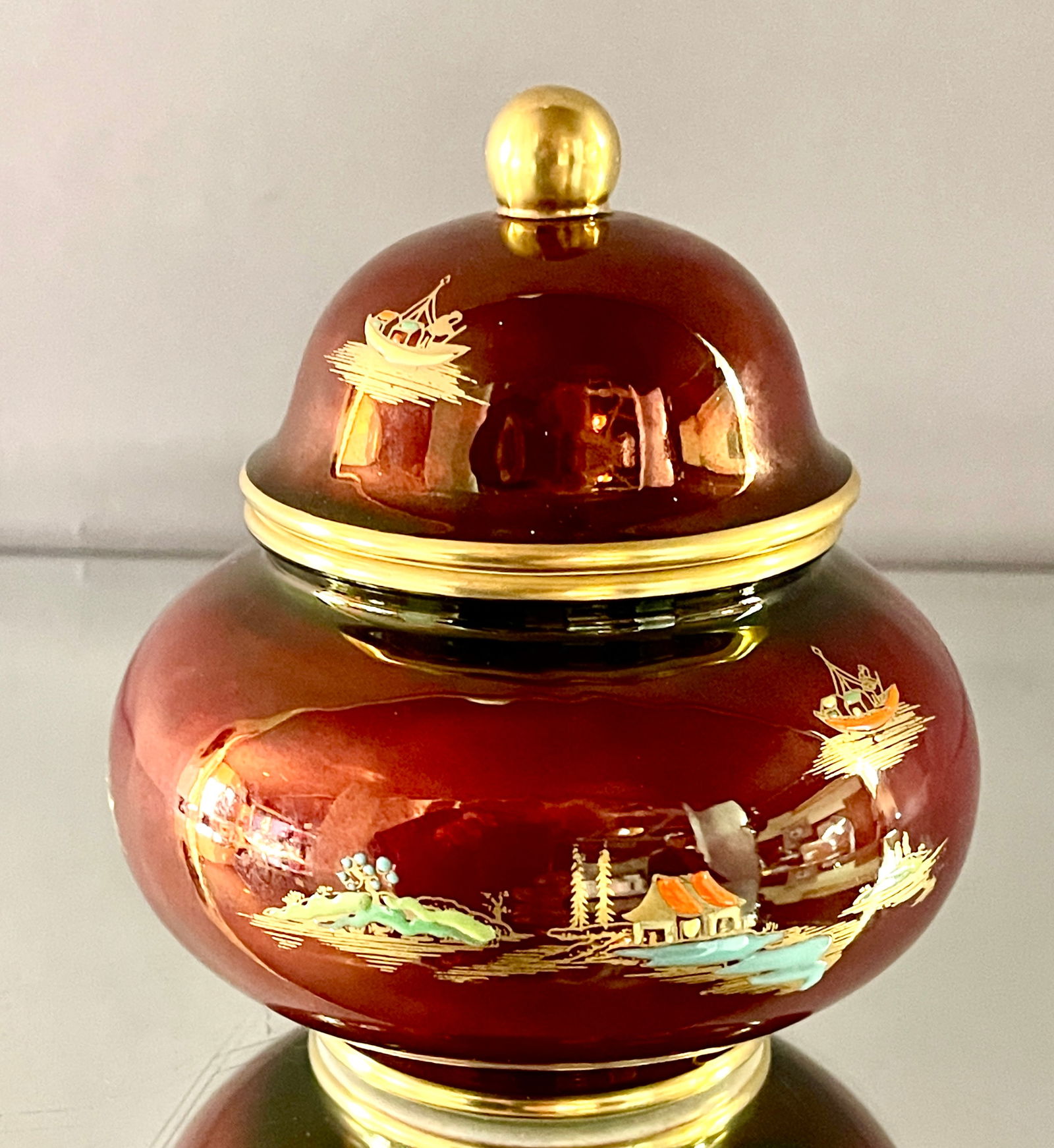 Carlton Ware Art Deco Rouge Royal Lustre: With lid, 5"t x 4"d, signed on bottom, England, circa 1930.