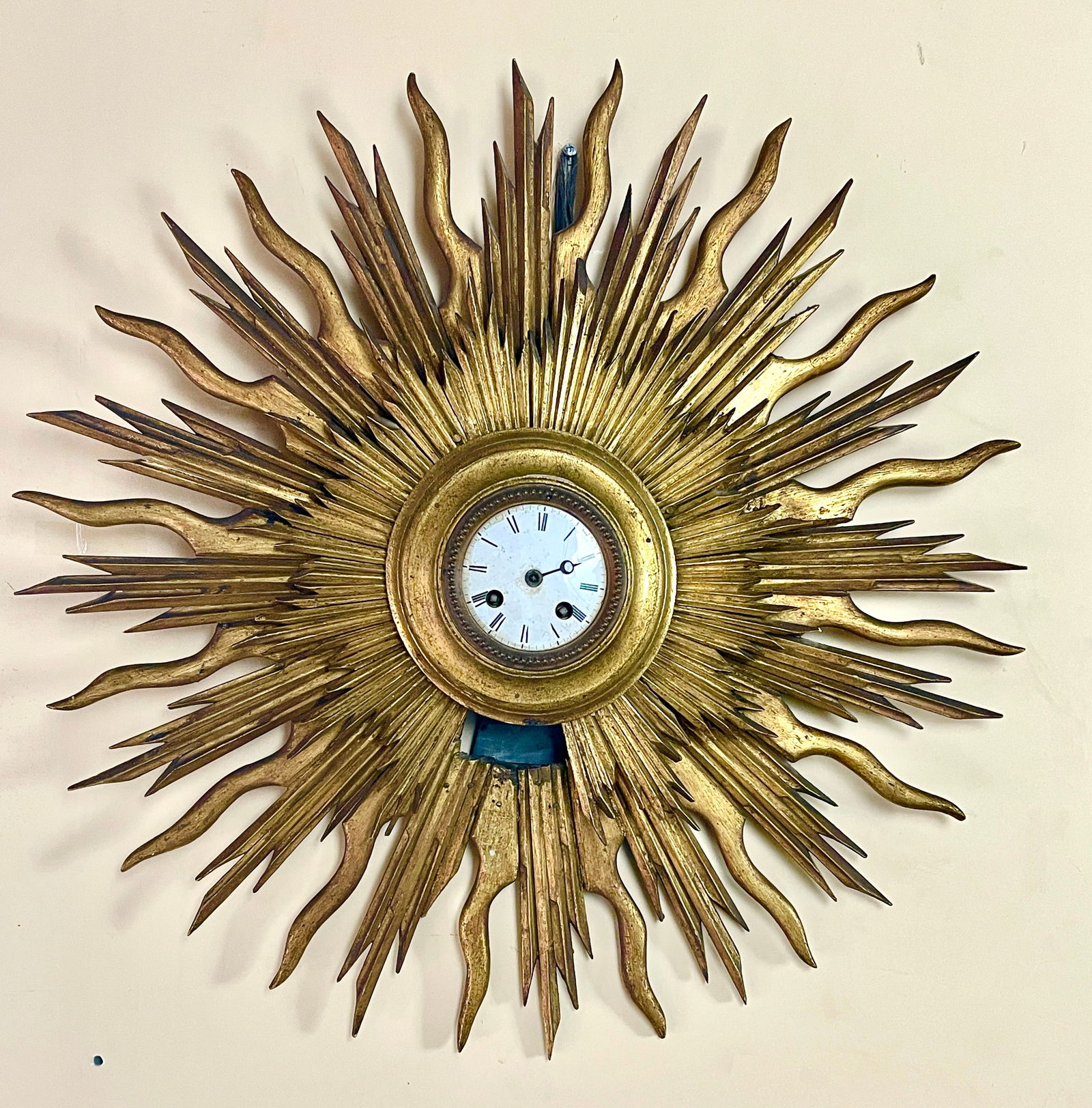 Unusual French Gildwood Wall Clock: Japy Freres, hand carved case, movement bell strike, Paris. Clock is complete. 22 1/2"d, circa 1910.