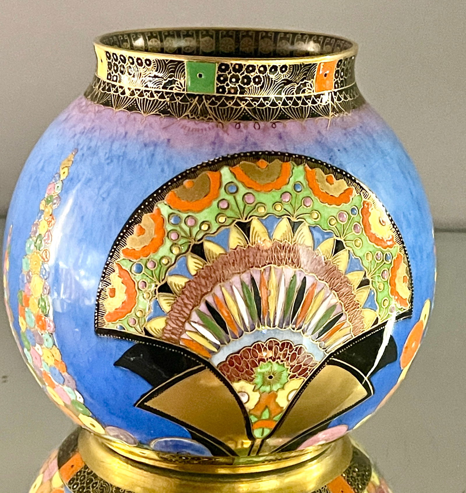 Carlton Ware "Egyptian Fan" Design Baluster Vase: On blue ground with raised enamel, marked on bottom Carlton Ware, England, #3937, #3698, 5 1/2"t x 6"d, circa 1930.