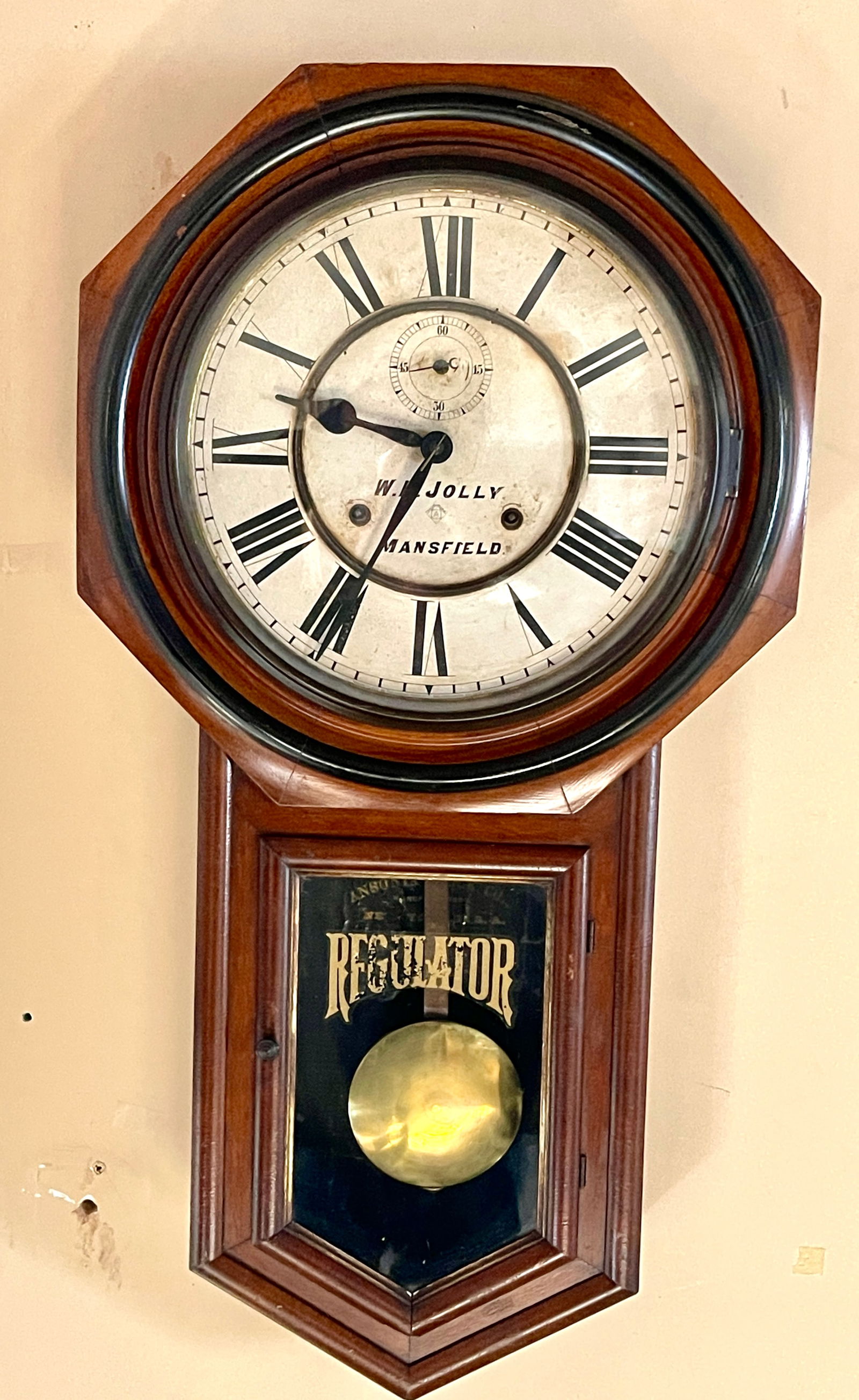 Ansonia Oak Regulator Wall Clock: with second hand, dial signed W H Jolly Masnfield, 11" dial, complete and running order, 32"t x 6"d x 17"w, USA, circa 1900.
