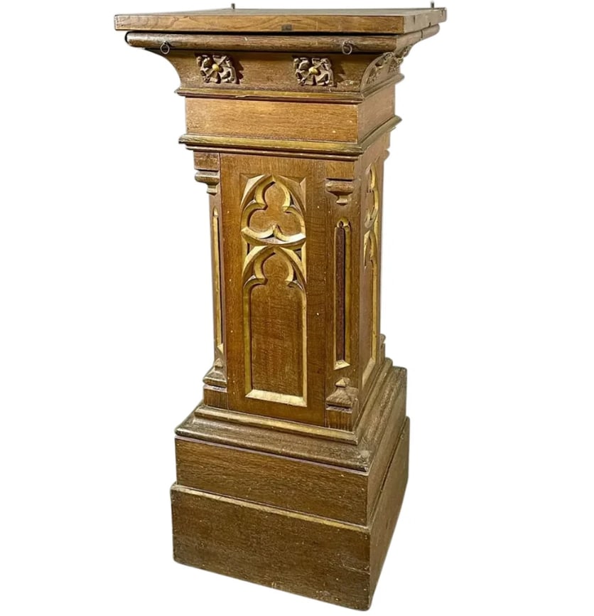 Signed Belgian Gothic Revival Parcel Gilt and Oak Pedestal (1 of 4)