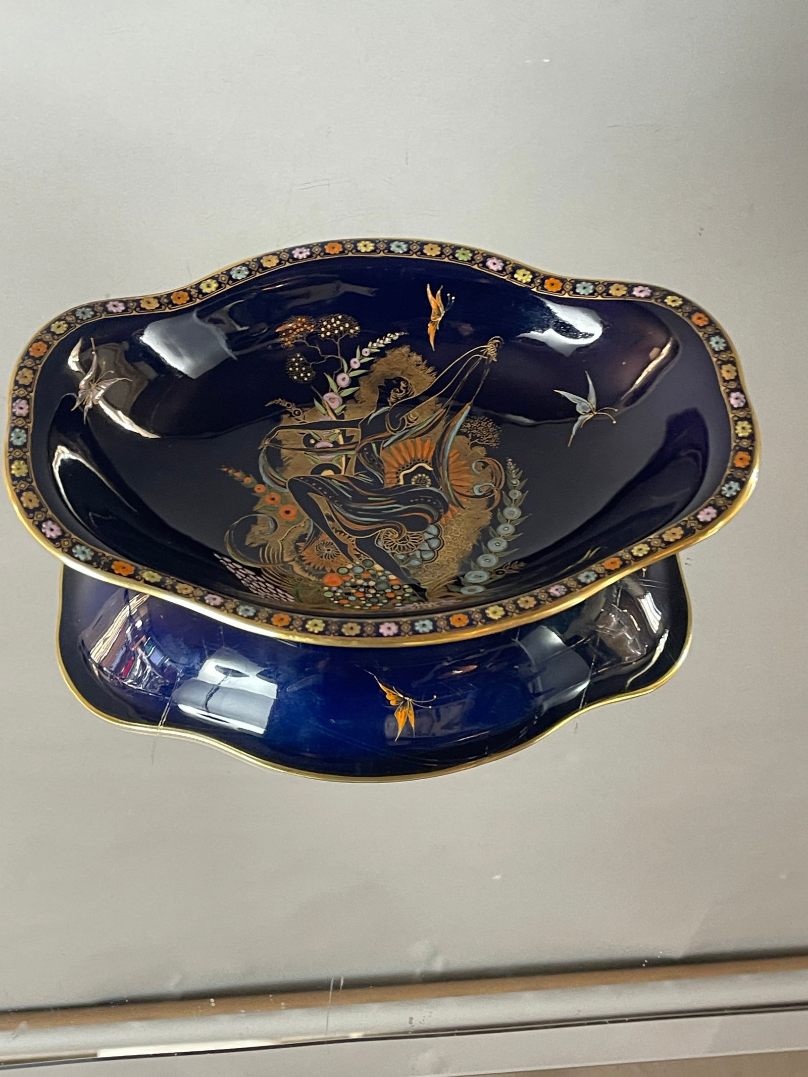 Carlton Ware Isadura Duncan Bowl: Calrton Ware Isadura Duncan dancing gypsy bowl. cobalt blue background, signed on bottom, England, 22"t x 8"w x 18"L, circa 1920.